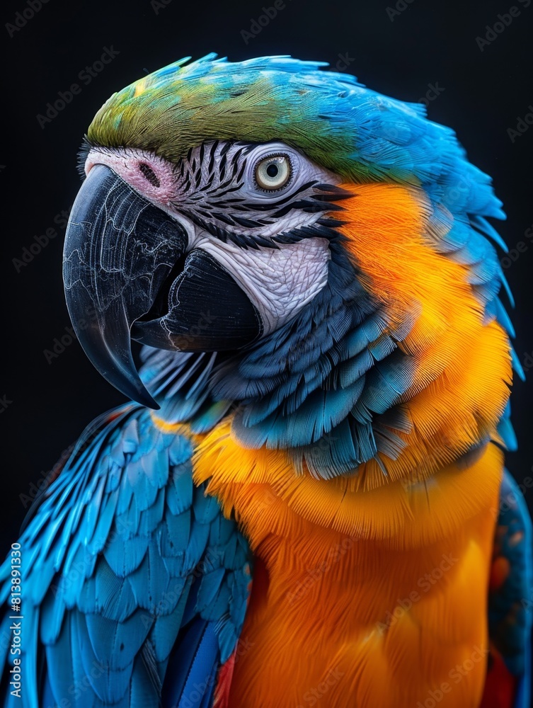 Obraz premium Black background, tropical macaw, close-up, highlight beautiful feathered parrot, with copy space,Vibrant Tropical Parrot with Stunning Feathers on Black Background. Exquisite 4K Wallpaper.