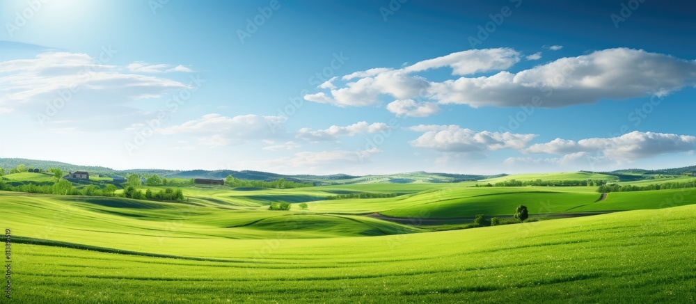 A picturesque countryside scene in spring with lush green fields stretching as far as the eye can see providing a beautifully serene copy space image