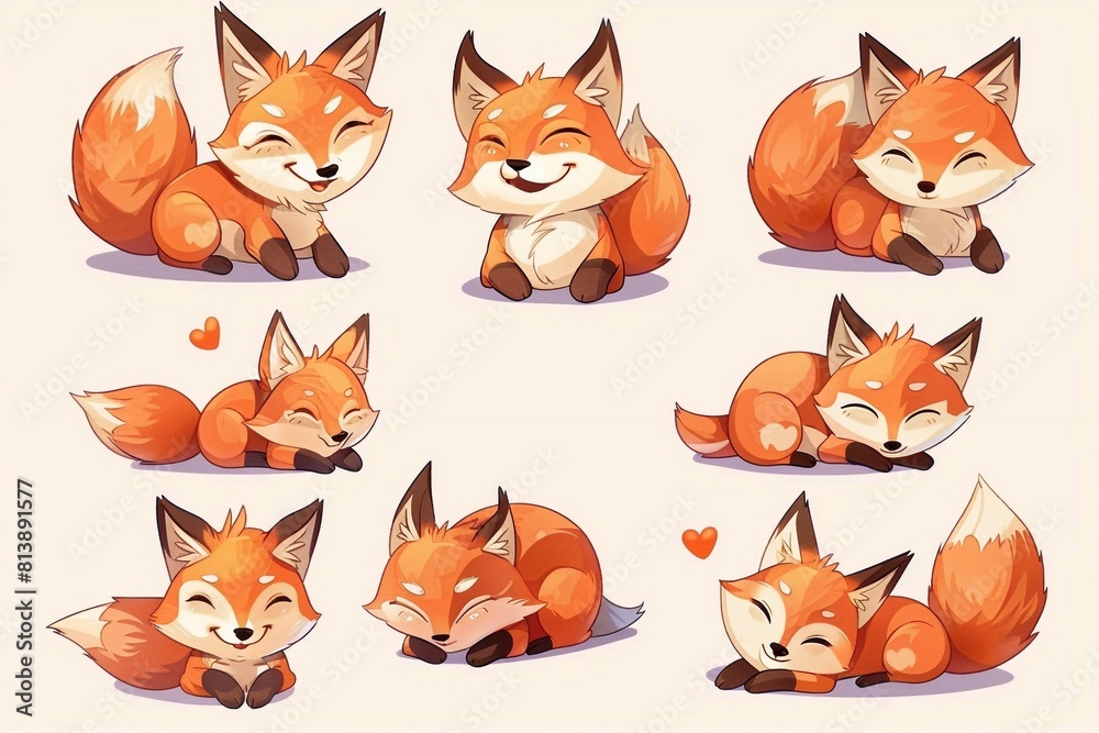 A delightful set collection featuring adorable kawaii-style foxes, each brimming with happiness and sporting charming smiles.