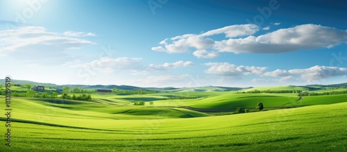 A picturesque countryside scene in spring with lush green fields stretching as far as the eye can see providing a beautifully serene copy space image