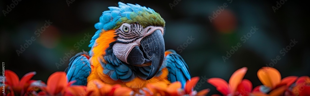 Fototapeta premium Black background, tropical macaw, close-up, highlight beautiful feathered parrot, with copy space,Vibrant Tropical Parrot with Stunning Feathers on Black Background. Exquisite 4K Wallpaper.