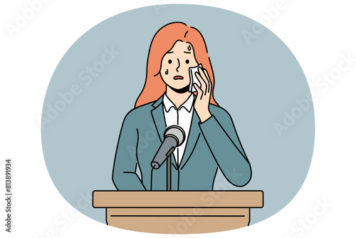 Anxious woman stand at tribune suffer from public speaking phobia. Worried female speaker present at conference struggle with anxiety. Vector illustration.