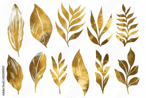 Set of texture gold leaves. Vector grunge modern textured brush stroke, scribbled. Abstract plant print. Doodle hand drawn natural elements for backgrounds, templates, wallpaper, card