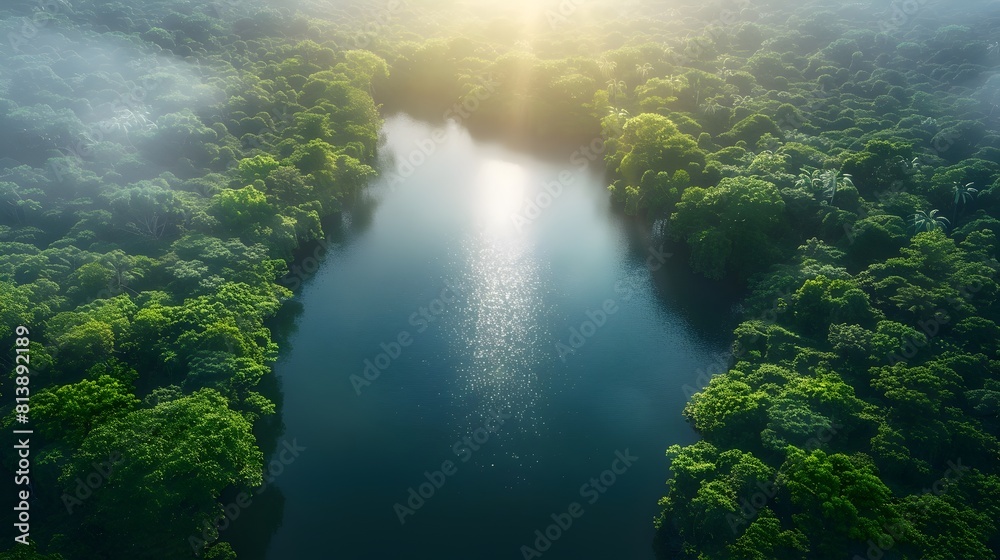 Aerial Panorama of Tranquil Lake Surrounded by Lush Verdant Forest Canopy with Mist and Sunlight Reflections