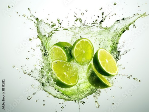 realistic sparkling water with green lemon, splash of transparent water on a white background explosion