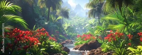 Lush Rainforest Paradise with Vibrant Red Flowers and Water Stream