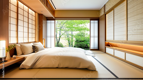 Serene Japanese Style Bedroom with Traditional Tatami Mats, Shoji Screens, and a Picturesque Garden View