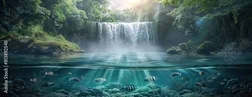 Enchanted Forest Waterfall with Radiant Underwater Light Rays