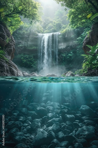 Majestic Waterfall Cascading into a Sunlit Forest Pond