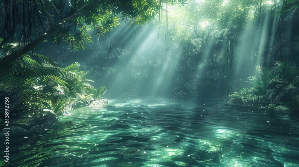 Enchanted Rainforest Oasis with Sun Rays Piercing Lush Greenery