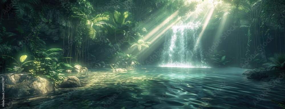 Mystical Jungle Pond with Sunlight Filtering Through Dense Foliage
