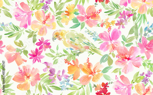 seamless pattern of hibiscus, tropical plants, and parrots painted in watercolor, bstract botanical pattern of hibiscus painted in watercolor photo