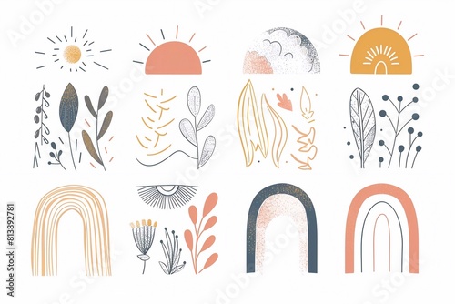 Vector set of design elements and illustrations in simple linear style - boho arch logo design elements and frames for social media stories and posts