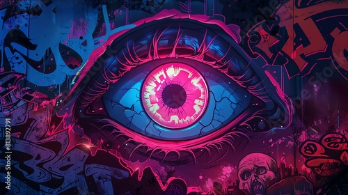 
Create a banner depicting a zombie's eye up close, with its pupils dilating in the darkness. Surround the eye with graffiti or urban elements to evoke a surreal and dystopian atmosphere. photo