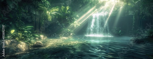 Mystical Jungle Pond with Sunlight Filtering Through Dense Foliage