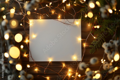 A piece of blank paper surrounded by beautiful fairy lights photo