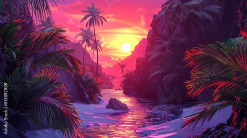 Tropical Paradise Cove at Sunset with Vibrant Pink Skies