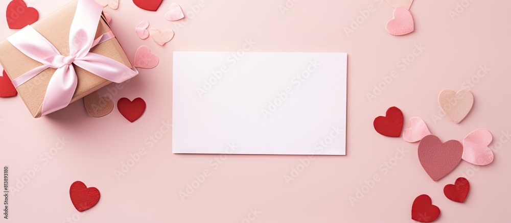 A flat lay top view of a mockup postcard and envelope with a Happy Valentine s Day theme along with a handmade gift box tied bow and pen This copy space image is perfect for an elegant design concept A flat lay top view of a mockup postcard and envelope with a Happy Valentine s Day theme along with a handmade gift box tied bow and pen This copy space image is perfect for an elegant design concept