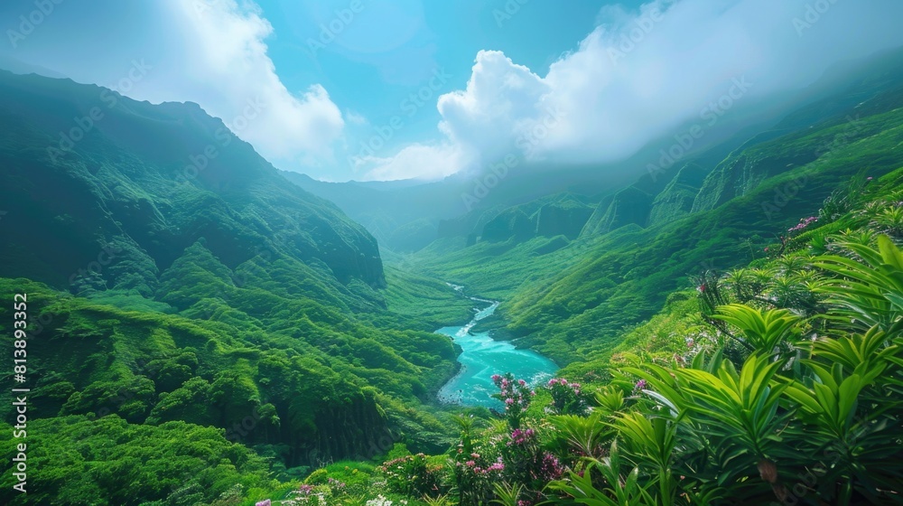 Fototapeta premium Hidden Mountain Grotto with Lush Vegetation and Crystal Clear Lake