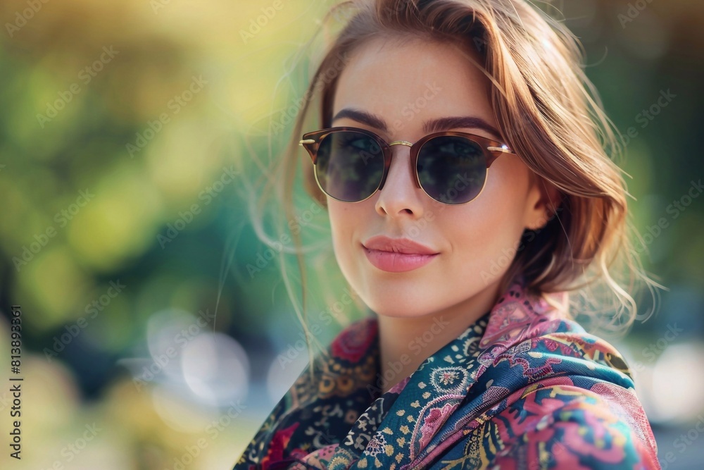 Young woman in retro style. Sunglasses and silk scarf Young woman in retro style. Sunglasses and silk scarf