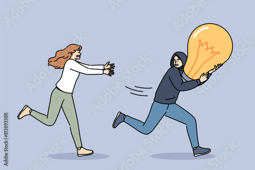 Man runs away with stolen idea and holds light bulb, trying to hide from woman accuses robber of plagiarism. Concept of problem of copyright infringement and plagiarism or theft of innovative ideas