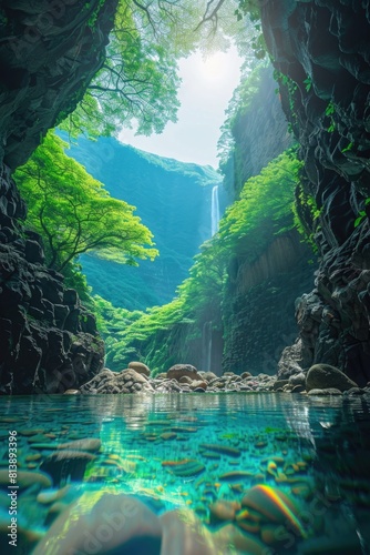 Enchanted Cave Lake with Sunlight Streaming through Dense Forest