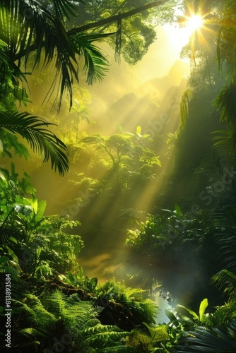 Enchanted Forest Sunbeams  Magical Light through Dense Greenery