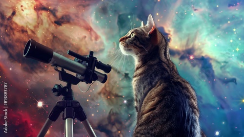 A chubby tabby cat with a telescope, observing distant galaxies and celestial phenomena from a mountaintop observatory