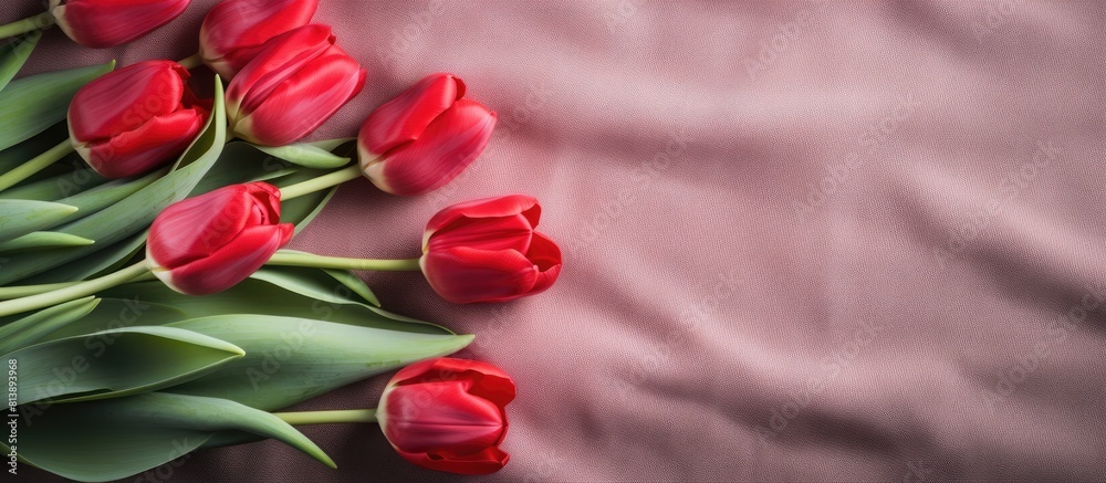 Copy space image of red tulips on a cotton fabric background perfect for occasions like Valentine s Day Women s Day and Mother s Day Copy space image of red tulips on a cotton fabric background perfect for occasions like Valentine s Day Women s Day and Mother s Day