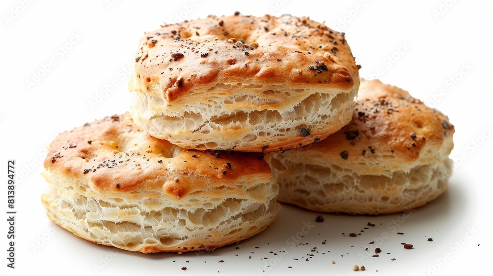Image description: Three biscuits on a white plate. The biscuits are golden brown and have a flaky texture. They are sprinkled with black pepper and salt.