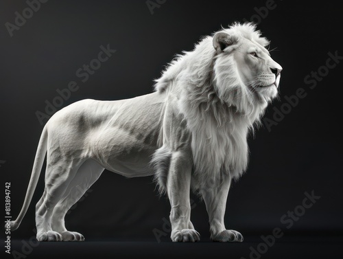 realistic white Lion pose in a full body isolated on a black background 