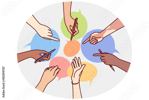 Hands of diverse people near dialogue clouds metaphor for collective communication in instant messengers or chats. Coworking and collaboration in teamwork for brainstorming and searching for ideas