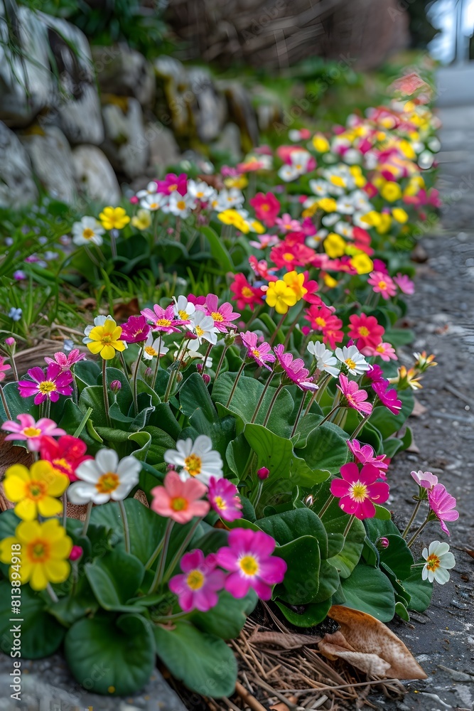 Fototapeta premium Vibrant Primula Blossoms Lining a Peaceful Garden Path