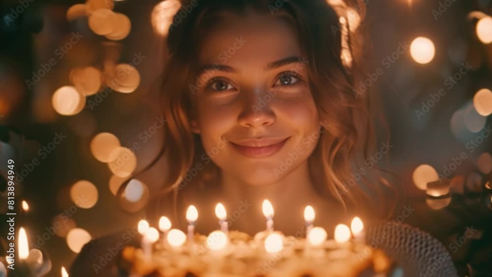 At a birthday party at night on a beautiful bokeh background, a teenage girl celebrates her birthday with her friends and lights candles on her birthday cake.