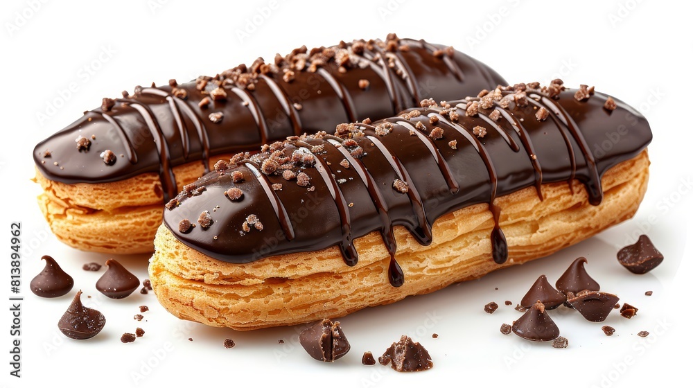Eclair with rich chocolate glaze and sprinkles of chocolate chips. Eclair with rich chocolate glaze and sprinkles of chocolate chips.