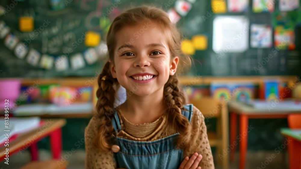 A cheerful smiling child stands proudly at the blackboard, their face beaming with excitement and confidence as they share their knowledge with the class concept of going back to school A cheerful smiling child stands proudly at the blackboard, their face beaming with excitement and confidence as they share their knowledge with the class concept of going back to school
