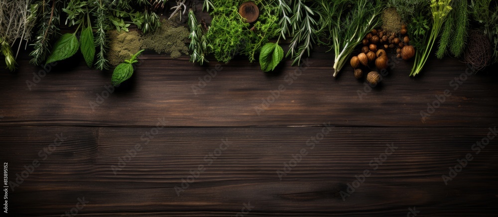 Top view of a dark wooden background adorned with a frame made of fresh herbs creating a visually appealing copy space image Top view of a dark wooden background adorned with a frame made of fresh herbs creating a visually appealing copy space image