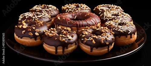 A plate is filled with chocolate donuts arranged neatly and ready to be served The image features ample copy space