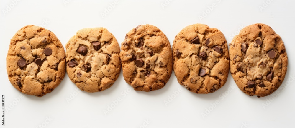 A top view image of homemade chocolate chip cookies placed on a white background with ample copy space for text or graphics A top view image of homemade chocolate chip cookies placed on a white background with ample copy space for text or graphics