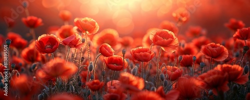 A breathtaking lush panoramic banner scene of red poppies glowing under a sunset, creating a vivid, warm landscape. This background is perfect for conveying themes of hope, renewal, and remembrance