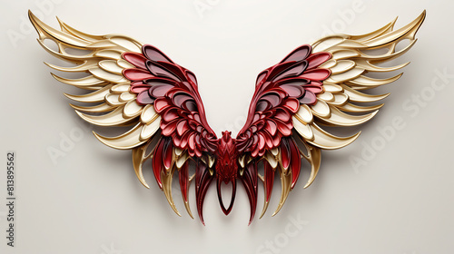 Artistic Design Of Red And Gold Feathered Wings On White Background