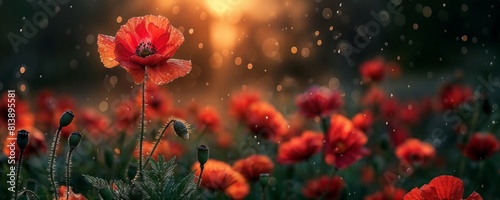 Single tall poppy stands out in a field of soft focus red poppies under rainy shimmering bokeh. Perfect peaceful zen meditation background or banner in contexts of remembrance, respect and tribute © PromptrGuru