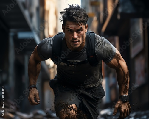 Dynamic fitness portrait capturing an athlete in action, showing intense focus and physical strength, set in a high contrast urban environment