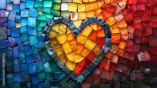 Heart shaped mosaic made from colorful ceramic tiles in rainbow colors, symbolizing love and unity. Perfect for themes related to art therapy, community building, and LGBTQ+ Pride Month celebrations