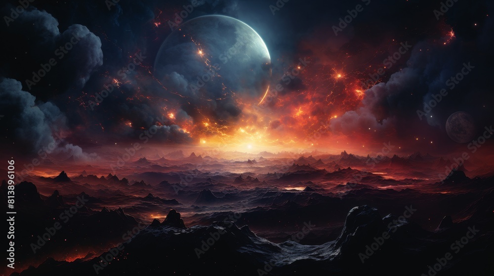 Illustrate the vast expanse of space in an aerial view, with a celestial body as the focal point Illustrate the vast expanse of space in an aerial view, with a celestial body as the focal point