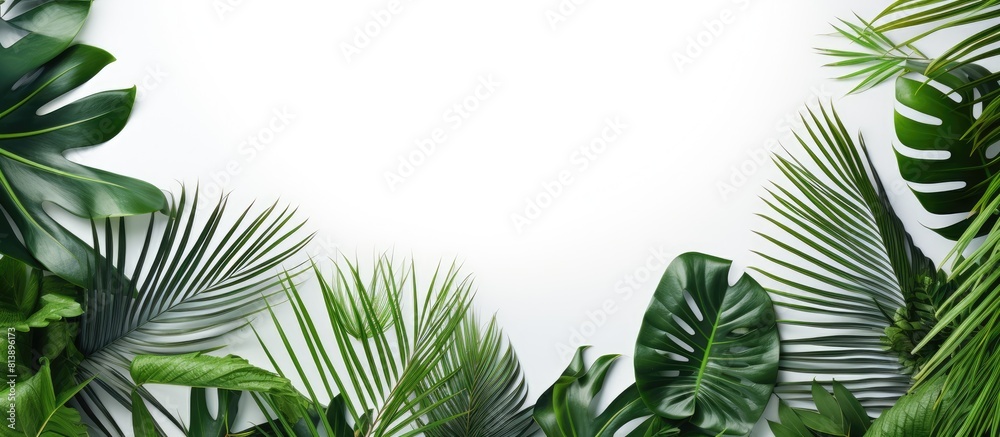 Top view of tropical palm leaves frame isolated on a white background The composition provides a copy space image for adding text Flat lay style enhances the visual appeal Top view of tropical palm leaves frame isolated on a white background The composition provides a copy space image for adding text Flat lay style enhances the visual appeal