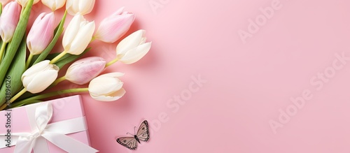 A pink background with a white tulip flower decorative butterflies a gift box and a paper card This image is perfect for a women s or mother s day greeting card Plenty of space to add your own person © Ilgun