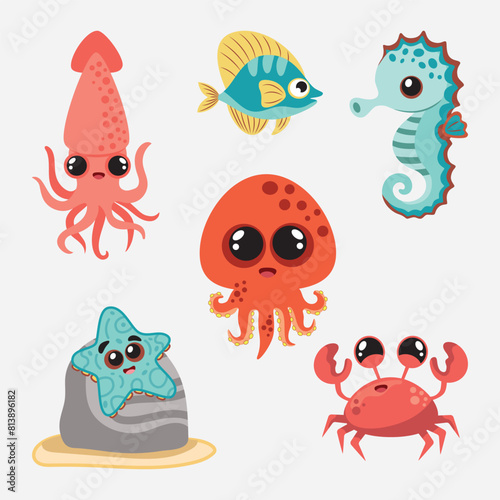 Set of marine animals highlighted on white. Octopus, fish, squid and crab, seahorse and starfish. illustration in the style of cartoon.