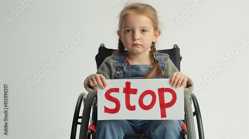 a child in a wheelchair on a plain background, in his hands he holds a cardboard with the inscription stop war, child against war, anti-war concept, consequences of war, childhood injuries