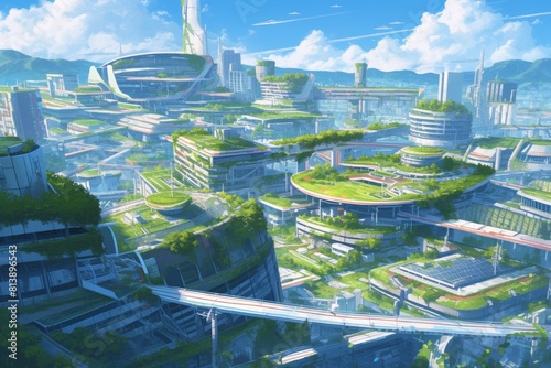 Sustainable Future Cityscape with Green Roofs and Solar Panels © spyrakot